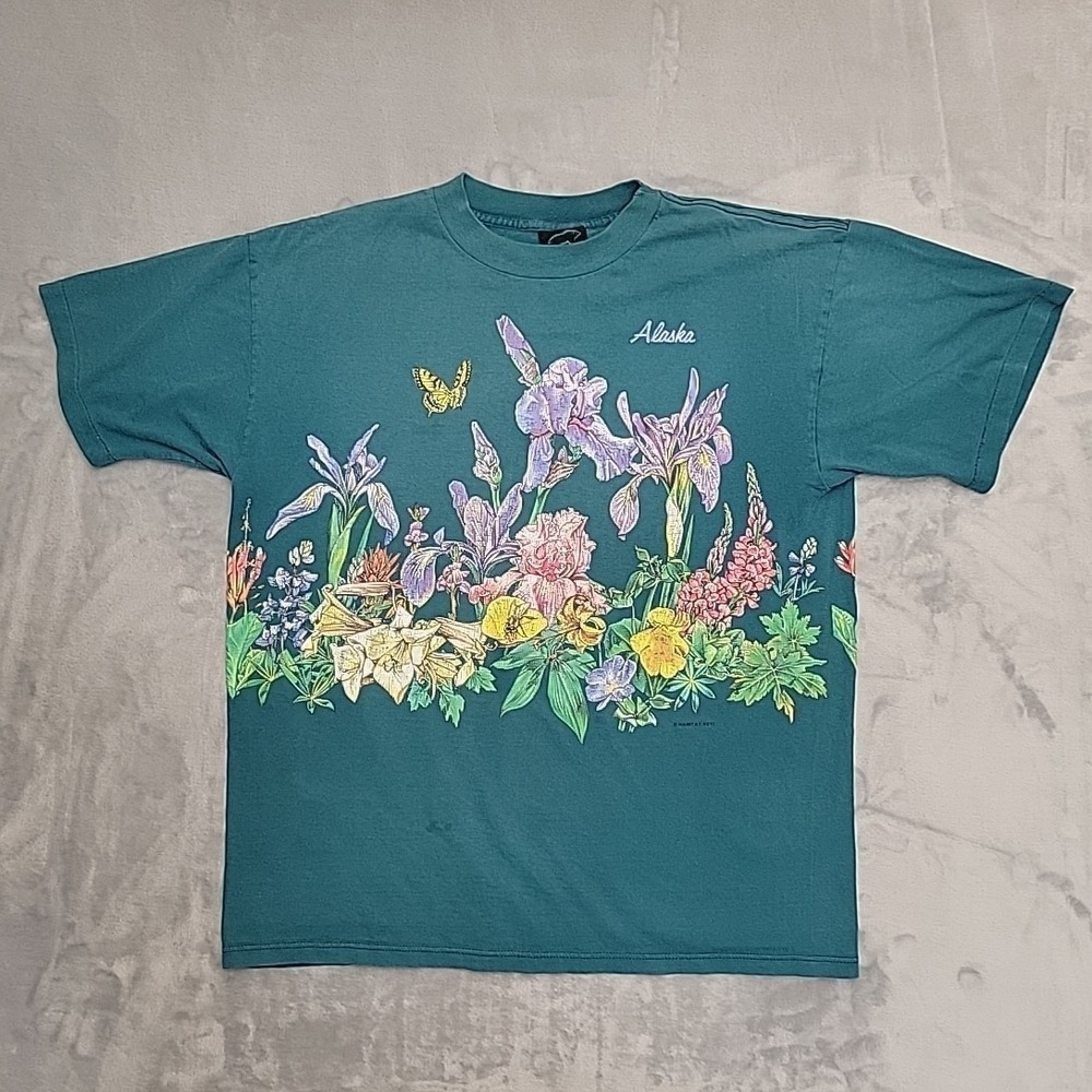 VTG Habitat Shirt Mens Large Teal Green Floral Nature Tee Made In USA Gorpcore